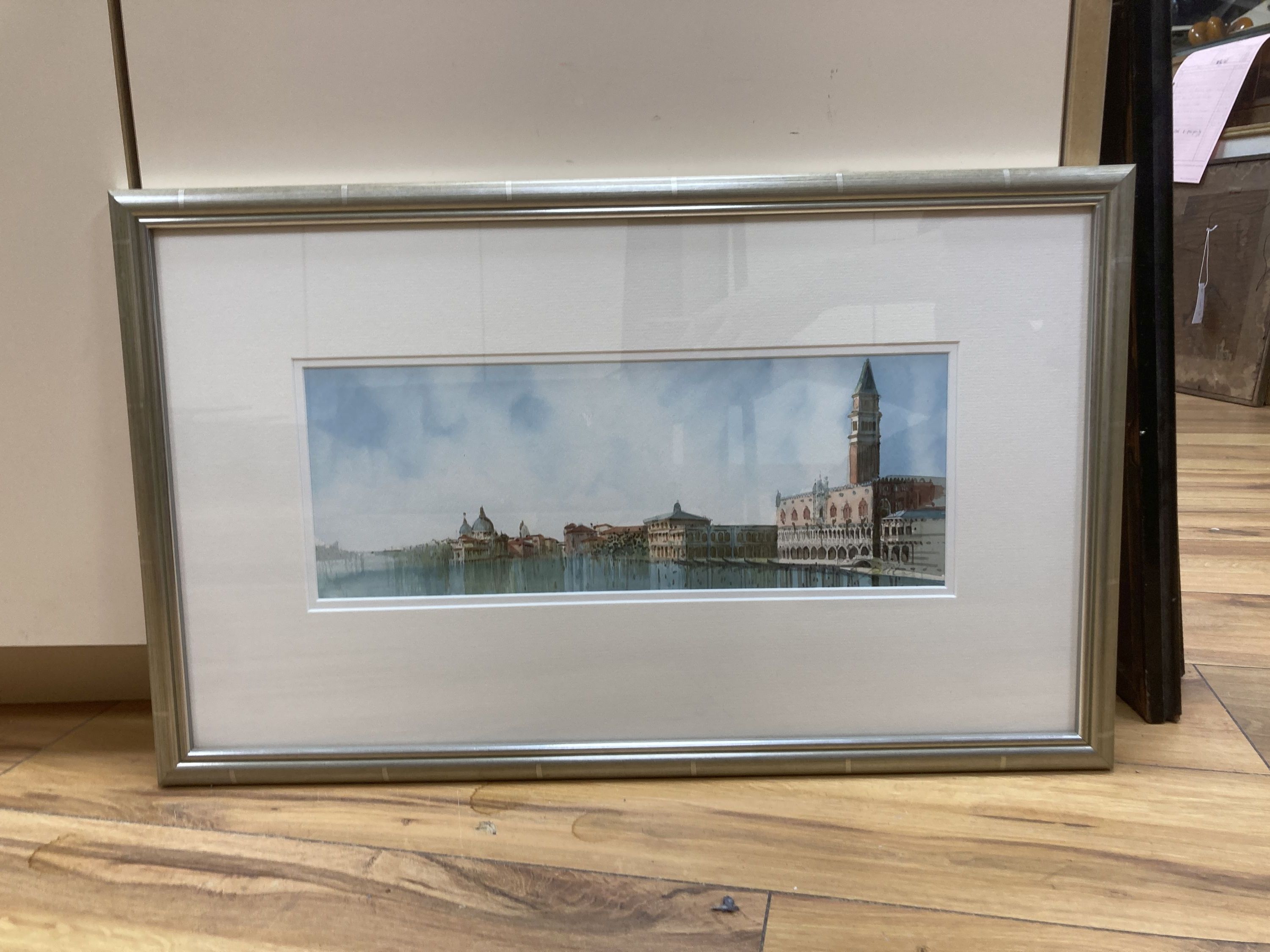 Saverio De Belo (b.1951), watercolour, Venetian scene, signed, label verso, 12.5 x 35cm